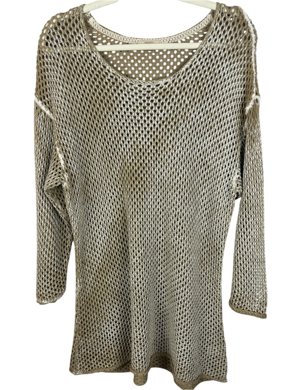 Paradise Shores Cotton Neurtral Tan White Contrast Open-Weave Crochet XL Tunic